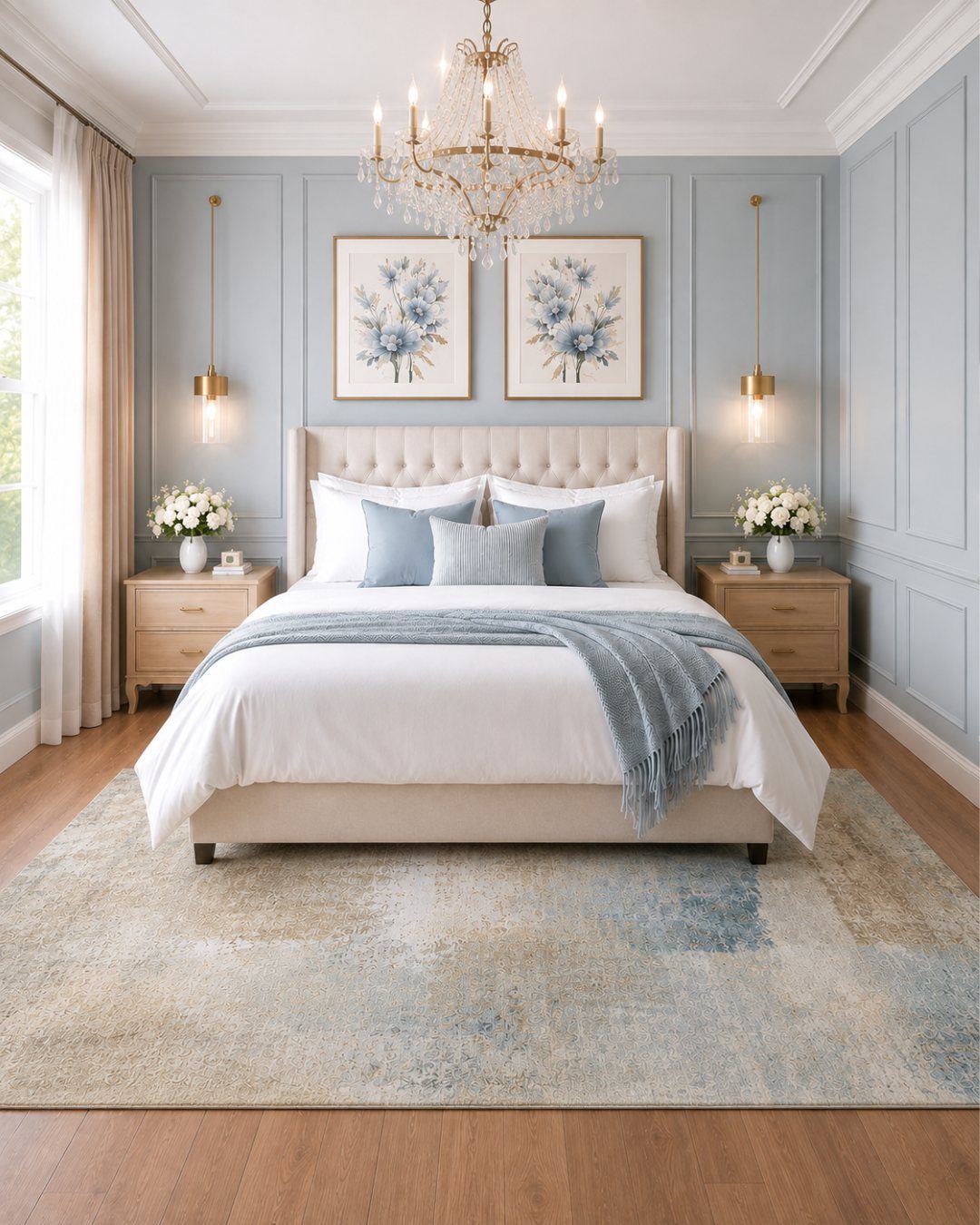 Luxurious bedroom with light blue paneled walls, white bedding, and a crystal chandelier.