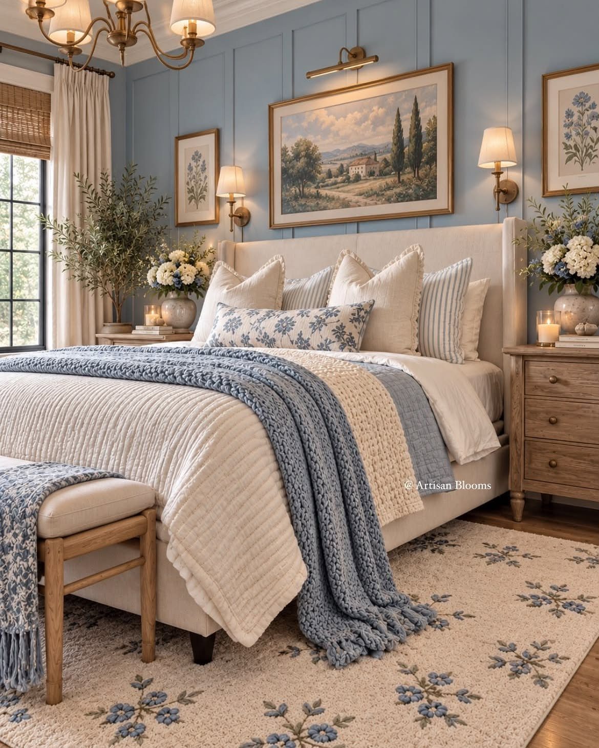 Bed with light blue knit throw and patterned pillows in a blue bedroom