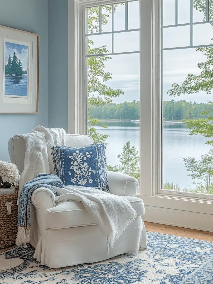 White armchair with blue patterned cushion and blue throw by a lake window