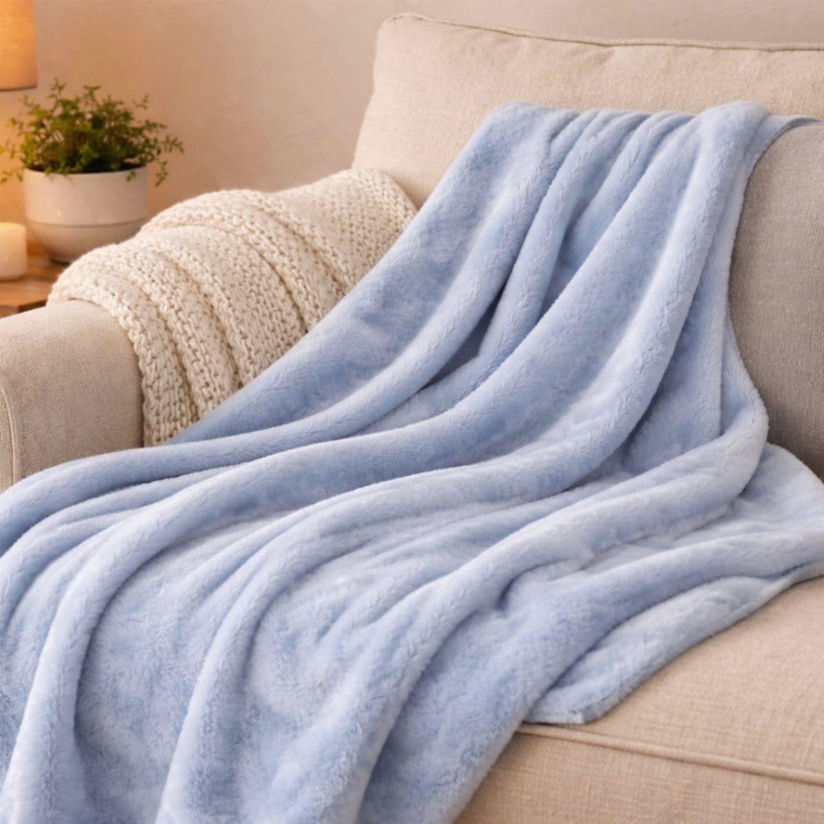 Light blue faux-fur throw blanket draped over a neutral beige fabric sofa.