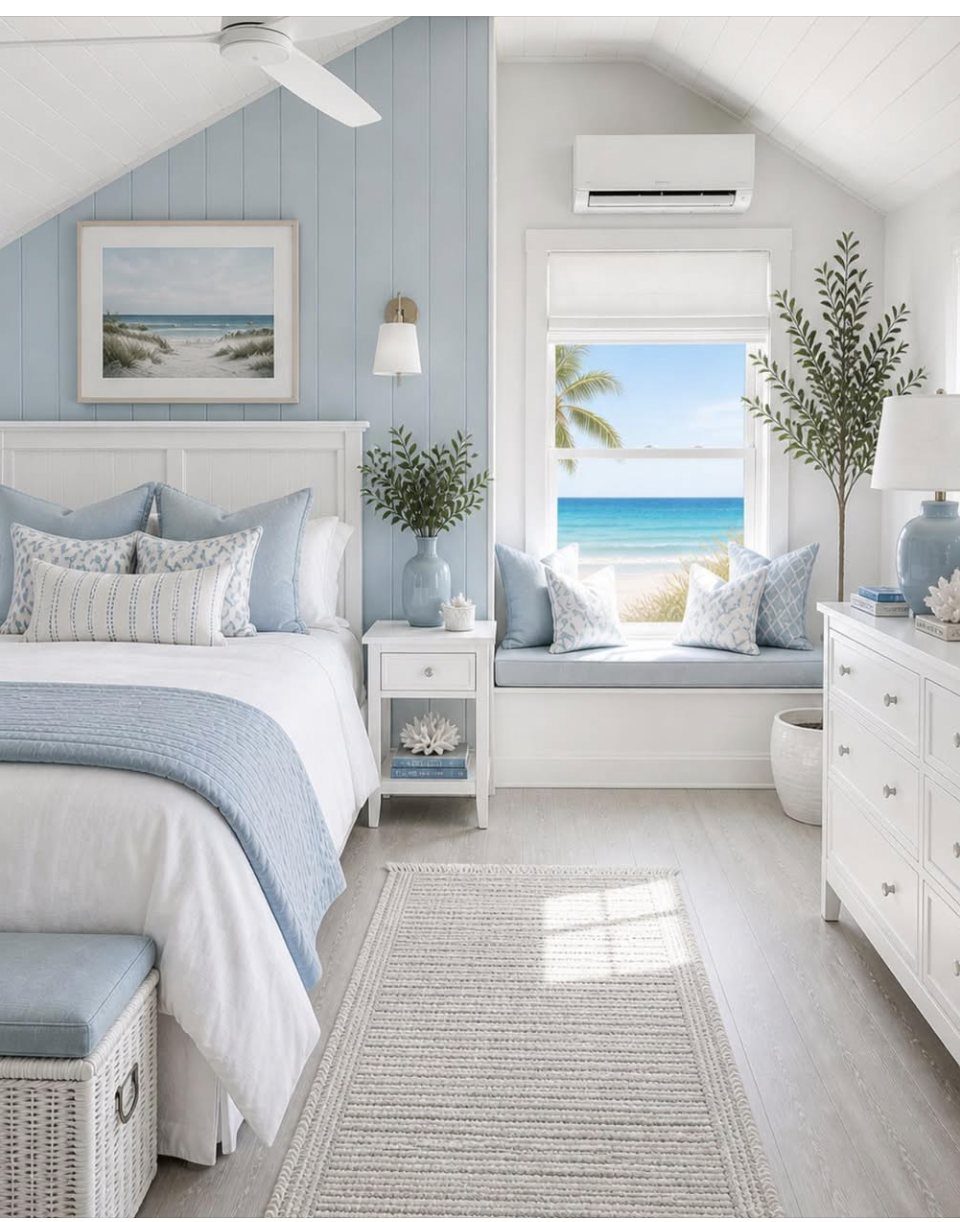 Light blue bedroom featuring a beach landscape print and a view of the ocean.