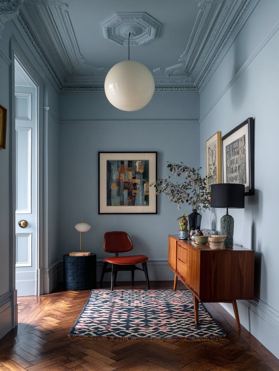 Matte light blue walls and ceiling in a room with mid-century modern furniture.