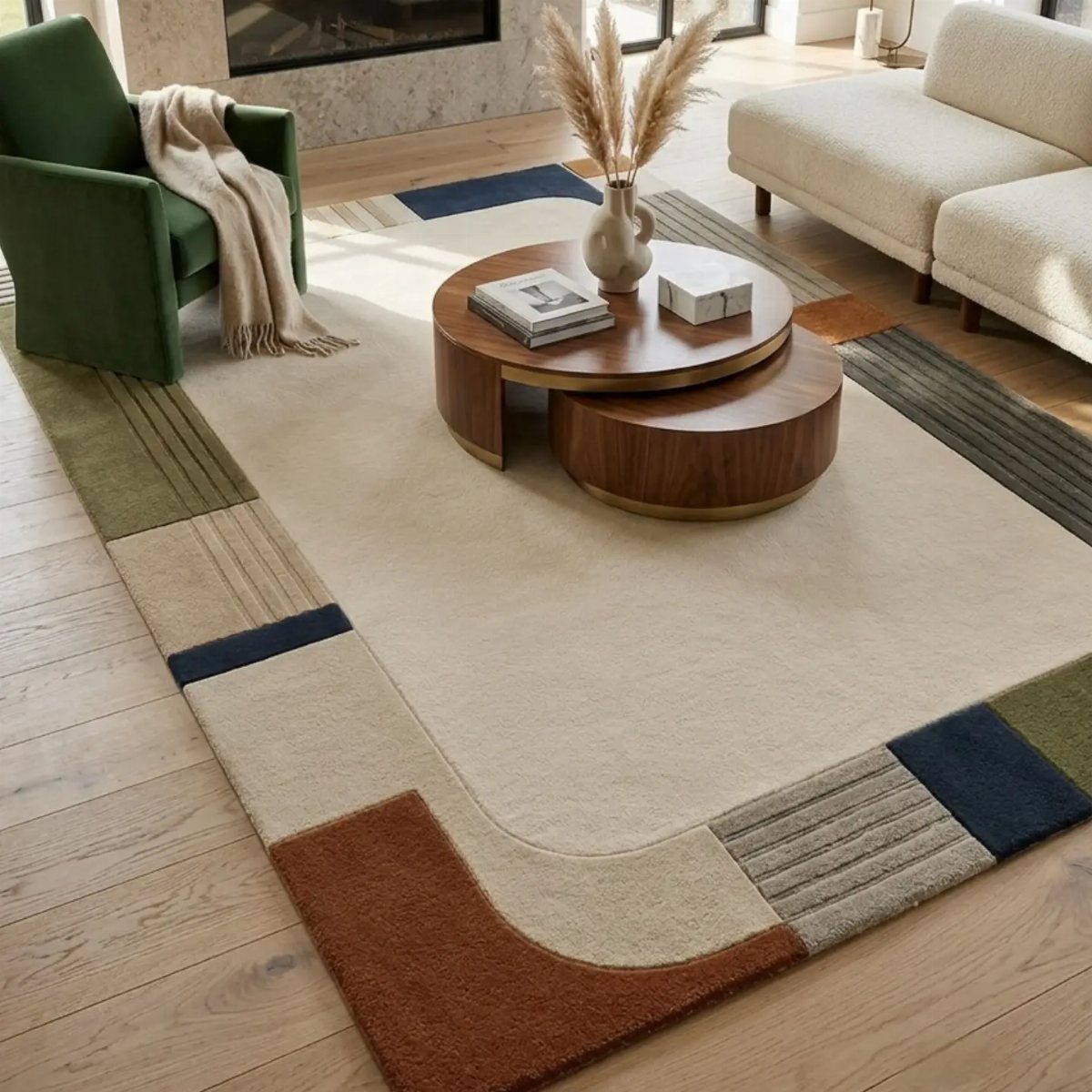 Geometric patterned rug in a living room with wooden coffee table and green chair.