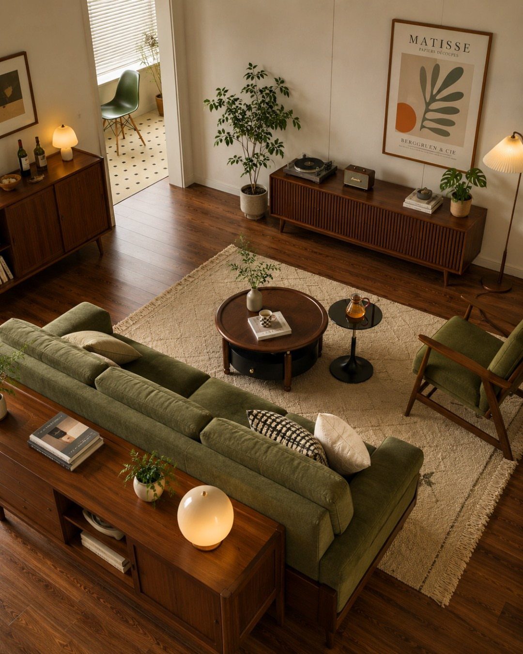 Low-slung green sofa and wooden furniture in a mid-century modern living room.