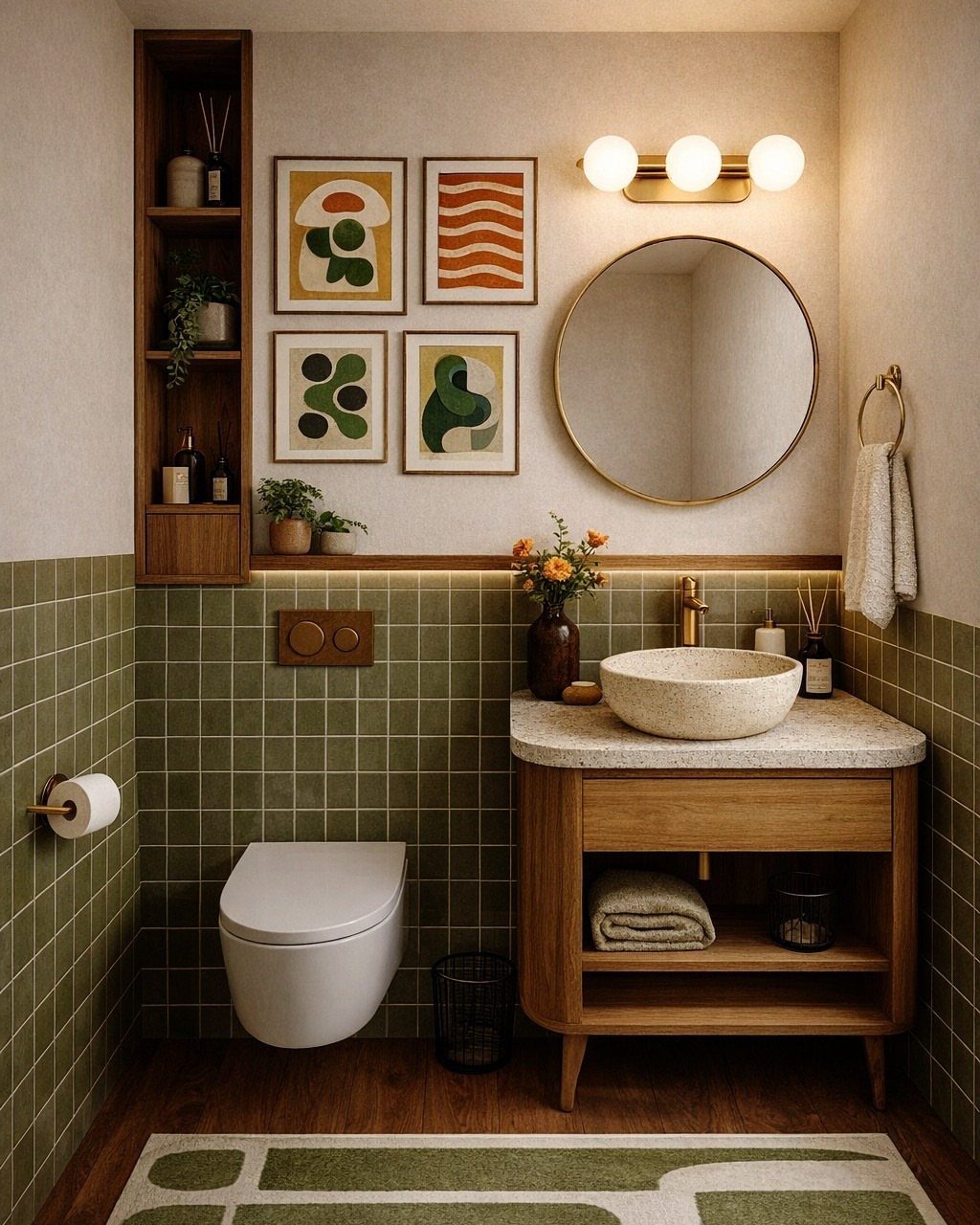 Mid-century modern bathroom with wooden vanity, stone sink, and green tiled walls.
