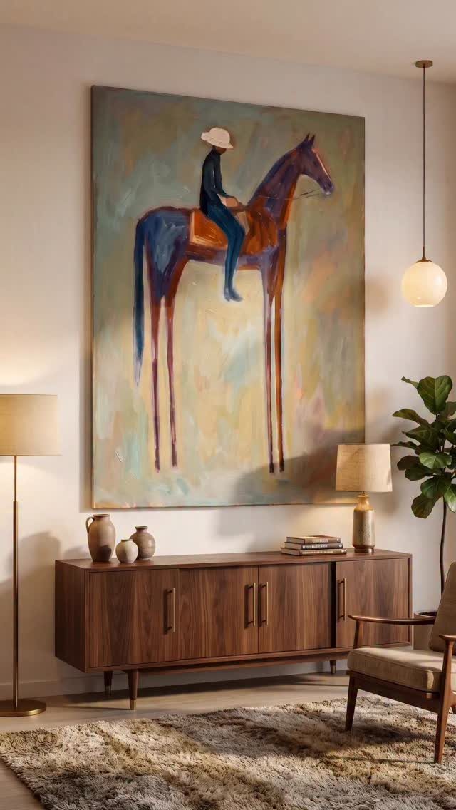 Large painting of a horse and rider above a wooden mid-century sideboard.