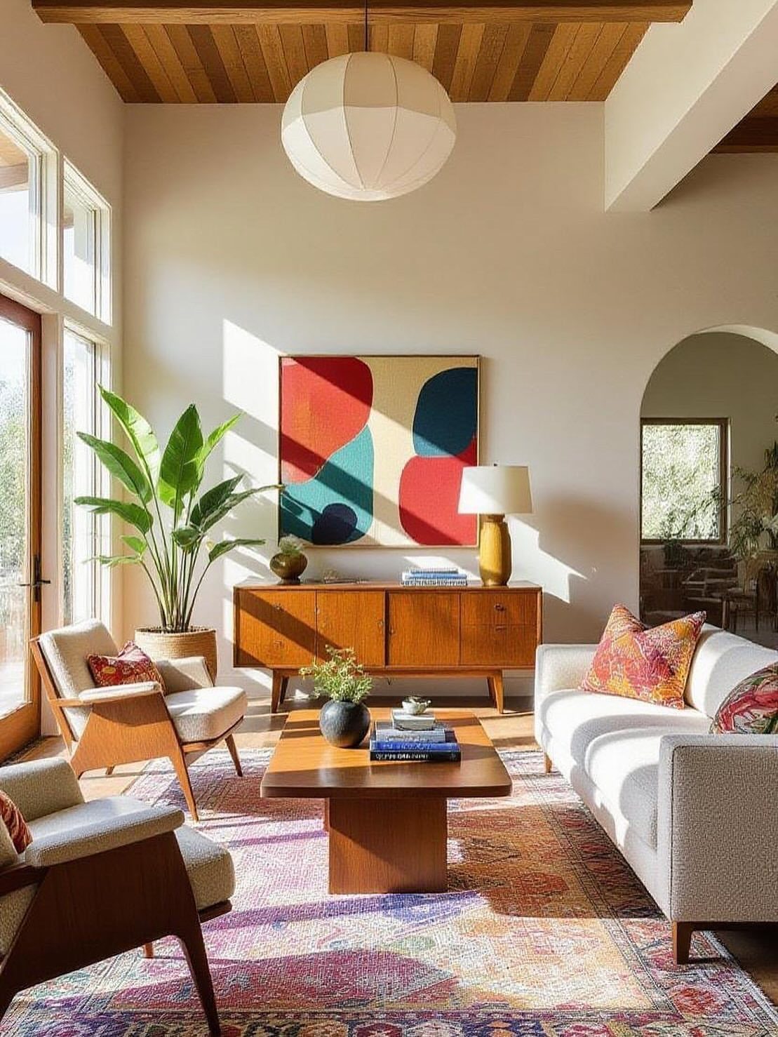 Mid-century modern living room with white sofa, wooden furniture, and colorful abstract art.