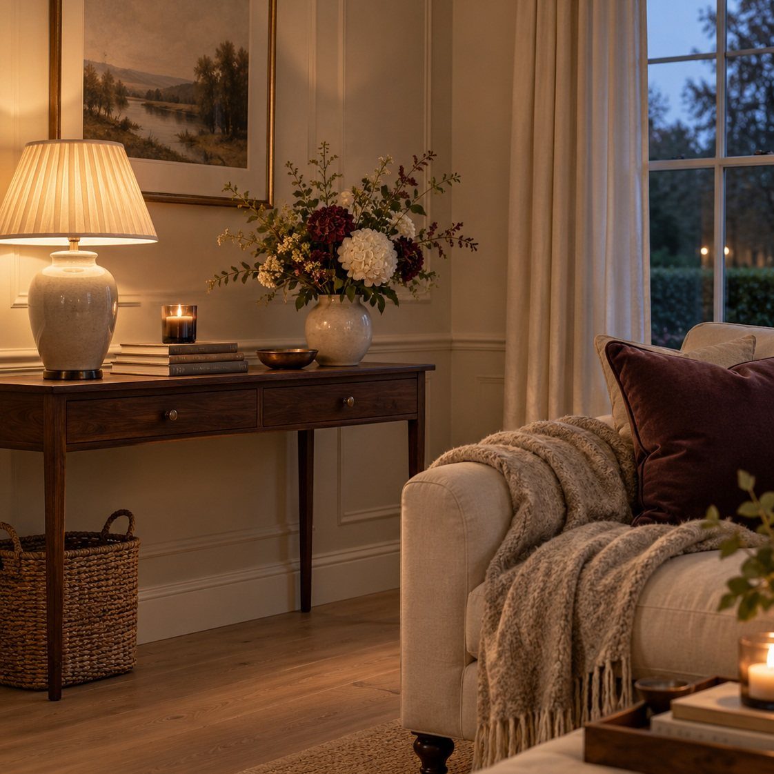 Cream sofa and dark wood console table in a neutral toned living room