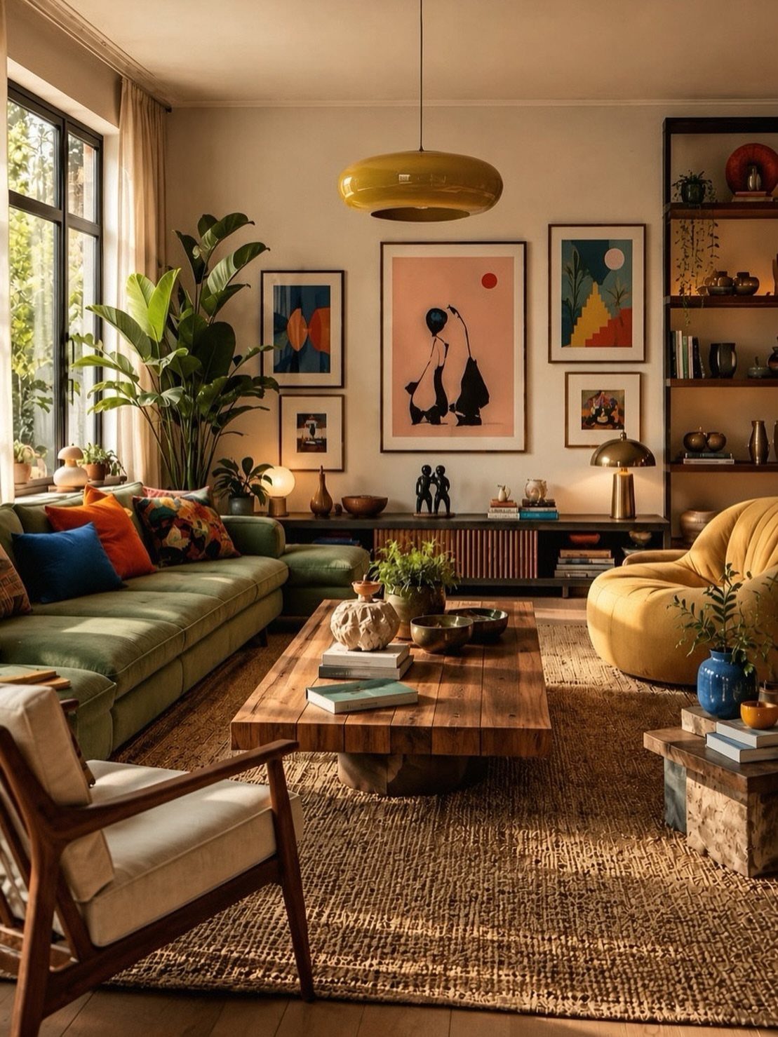 Living room with a wooden coffee table and a large textured jute rug.