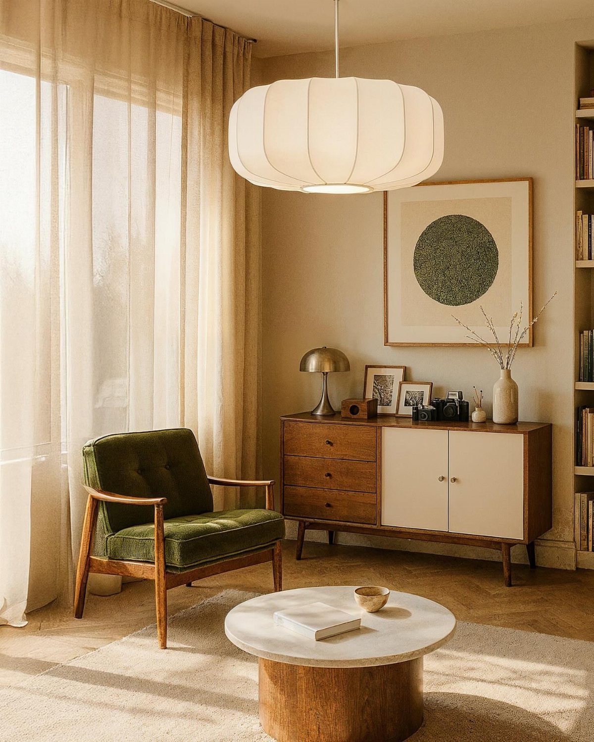 Green velvet armchair and wooden sideboard in a mid century modern farmhouse living room