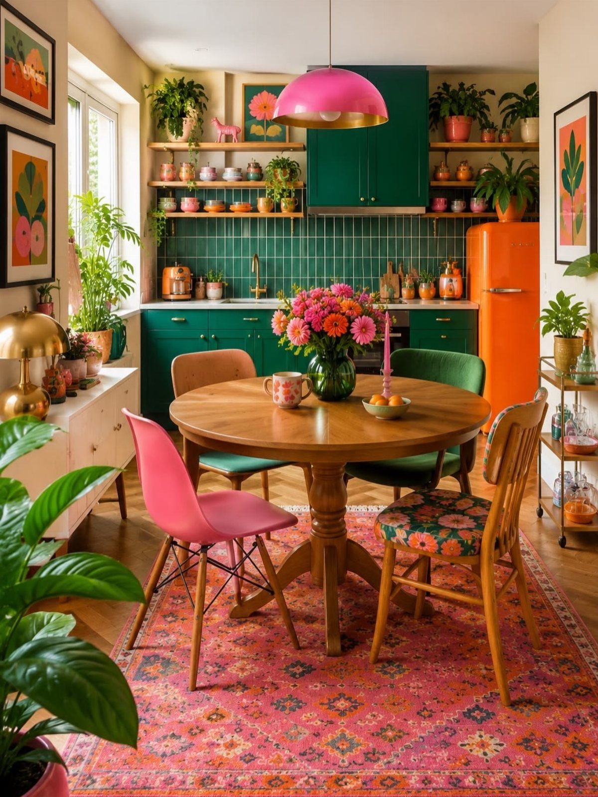 Colorful dining room with pink and green chairs around a round wooden table.