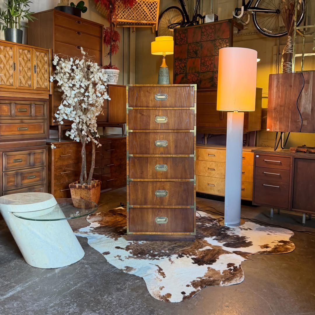 Wooden dresser with gold accents on a cowhide rug in a furniture showroom