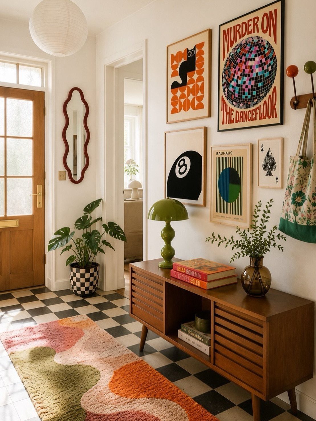 Wooden sideboard with retro art and a green lamp on checkered flooring.