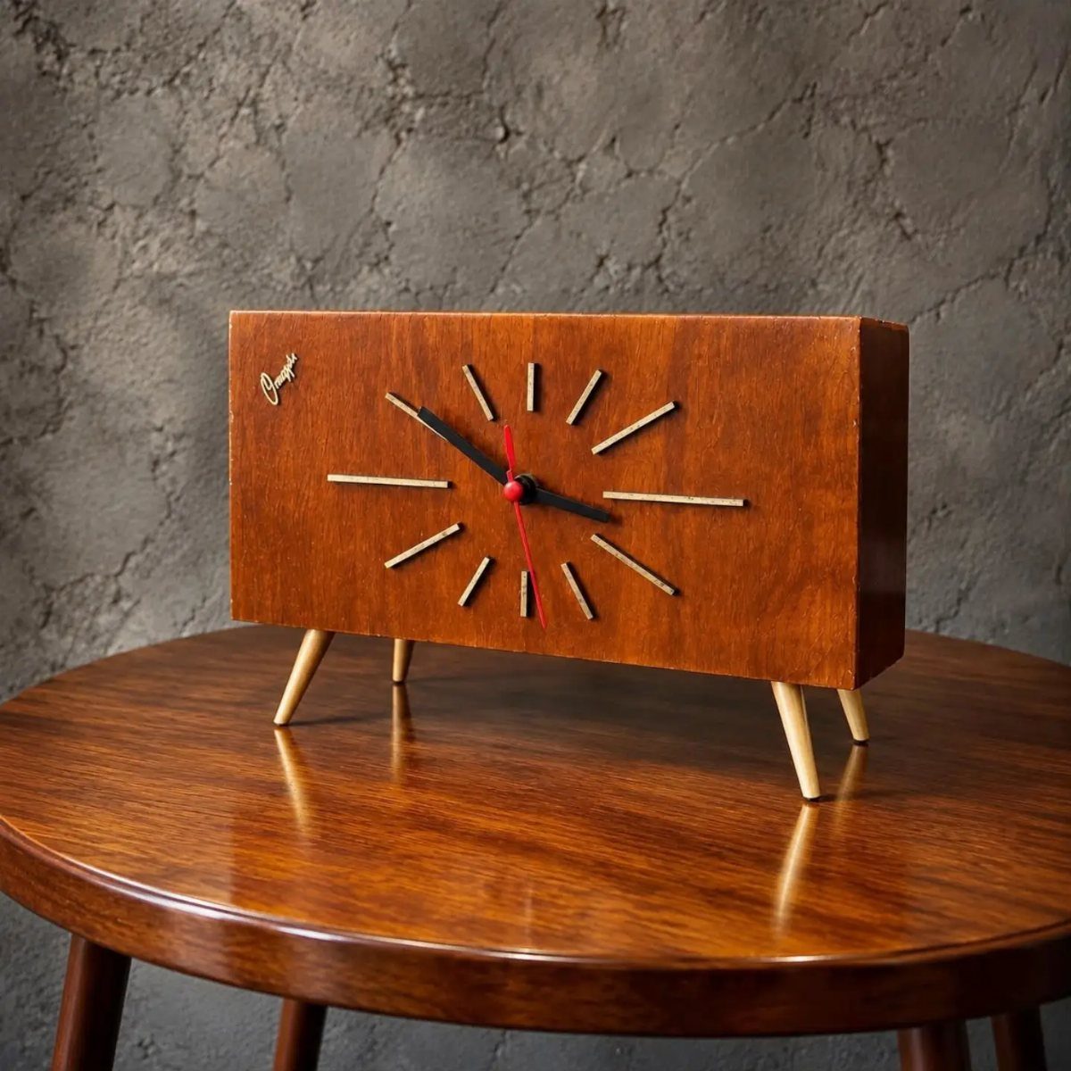 Mid-century modern wooden clock with tapered legs on a polished round wooden table.