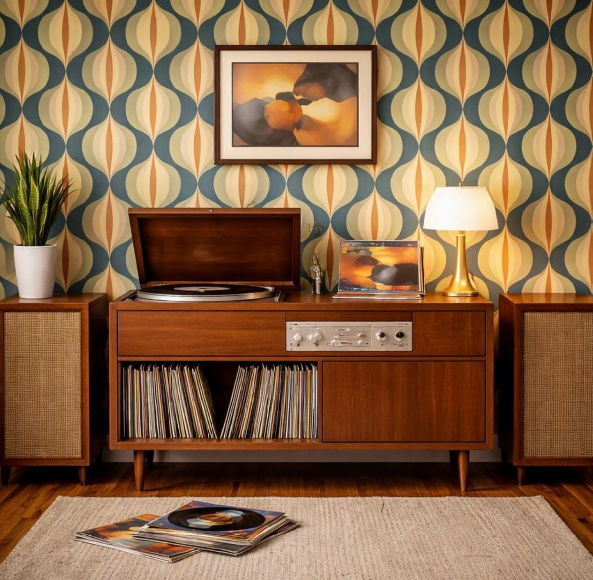 Wooden record player console against a bold blue and gold geometric wallpaper wall.