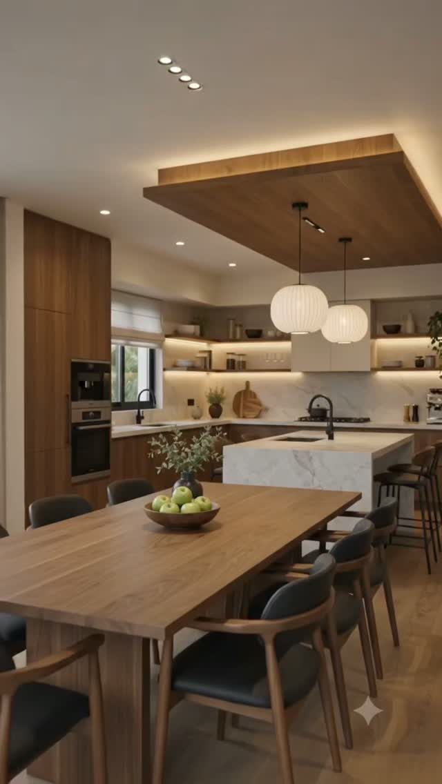 Wooden dining table and chairs in a modern kitchen with wood paneling.