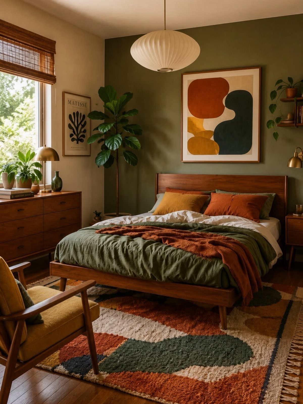 Mid-century modern bedroom with olive green walls and a cohesive earthy color palette.
