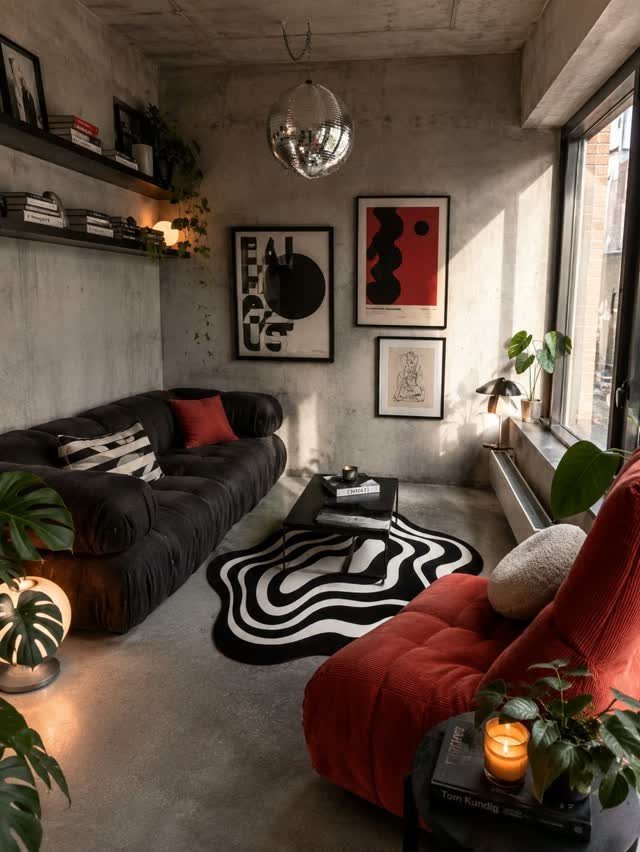 Modern living room with leather sofa, red plush chair, and wavy patterned rug.