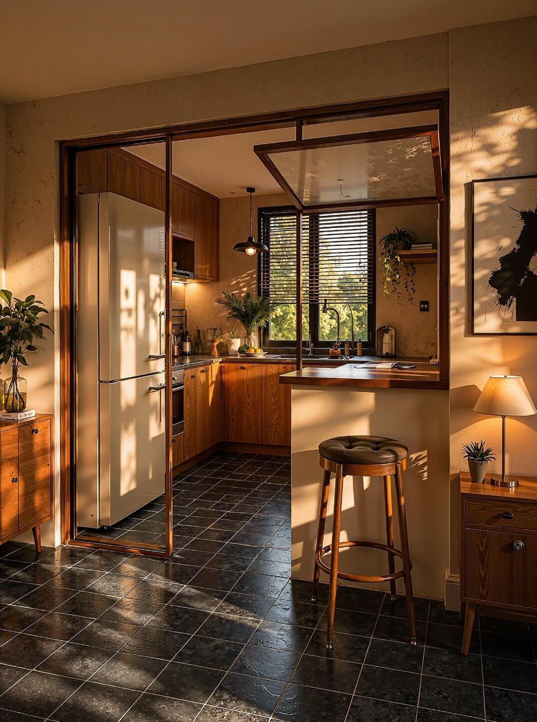 Mid-century modern kitchen with walnut cabinets, black tile floors, and a wooden bar stool.