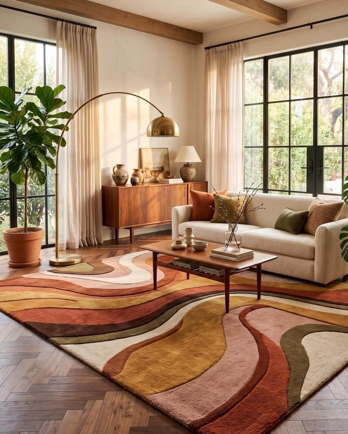 Bold wavy patterned area rug in a mid-century modern living room with wooden furniture.