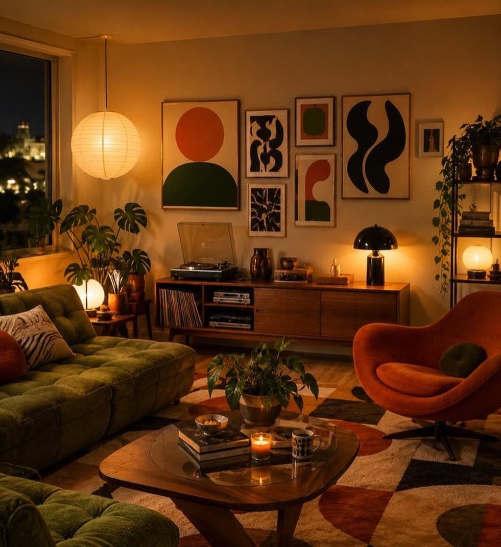 Mid-century modern living room with green sofa, orange chair, and abstract wall art.