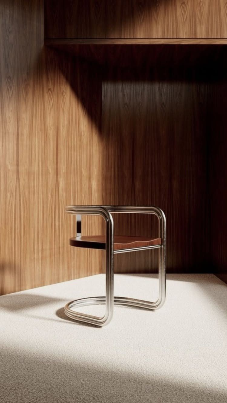 Chrome and leather chair against a backdrop of warm vertical wood paneling.