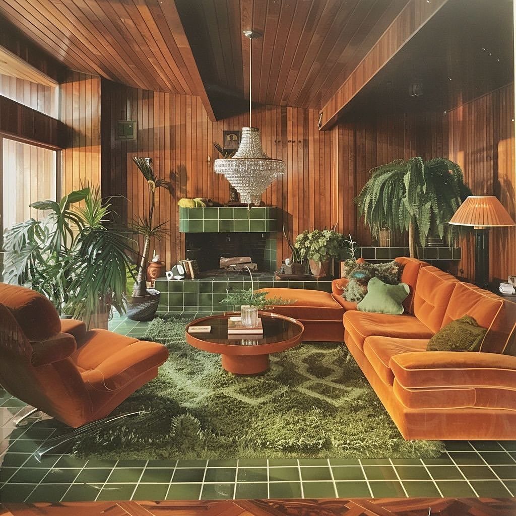 Mid-century modern living room with orange velvet furniture and several large indoor plants.