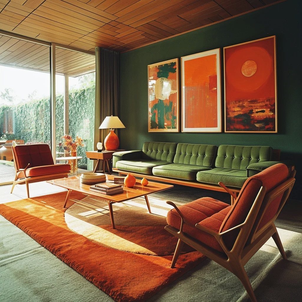 Mid-century modern living room featuring bold orange chairs and rug against green walls.