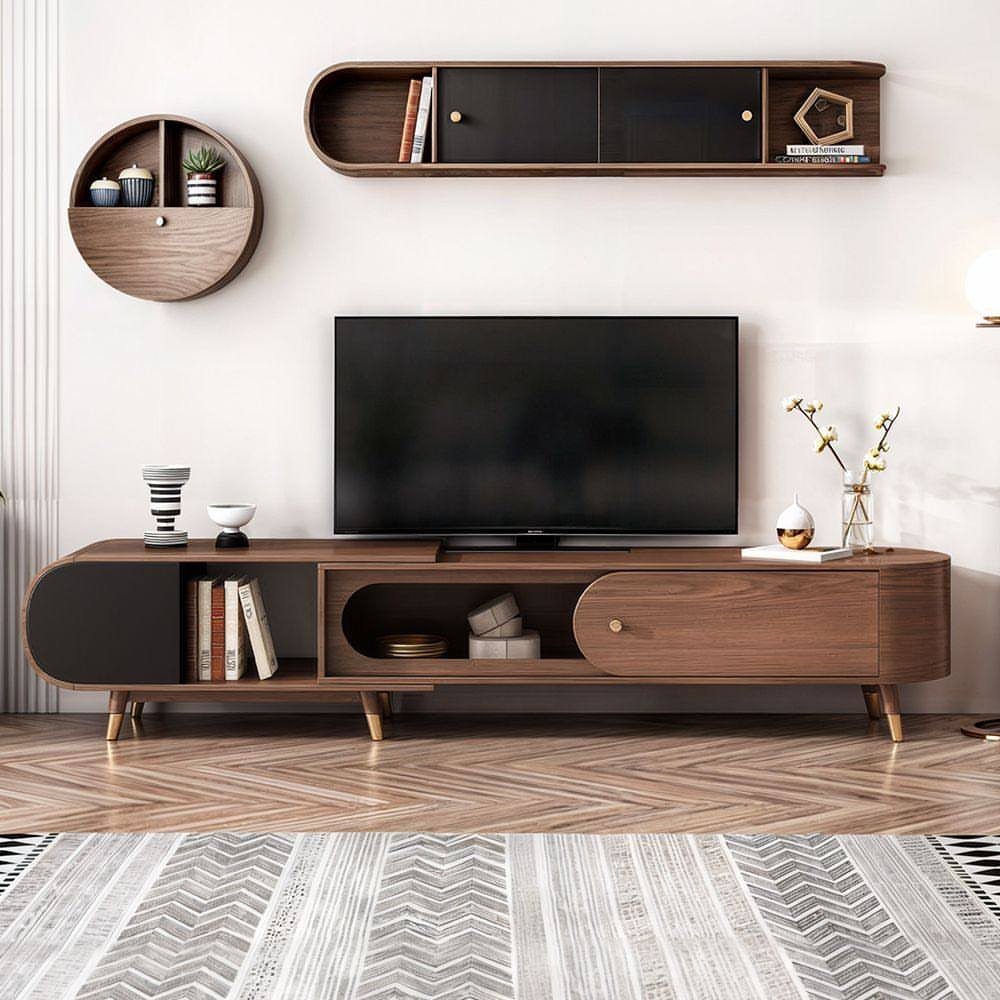 Mid-century modern TV stand and wall shelves in a bright living room