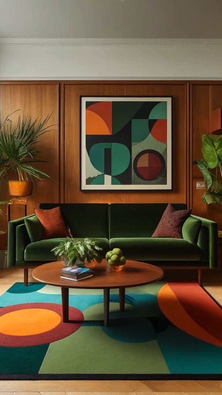 Green velvet sofa and geometric rug in a wood-paneled mid-century modern living room.