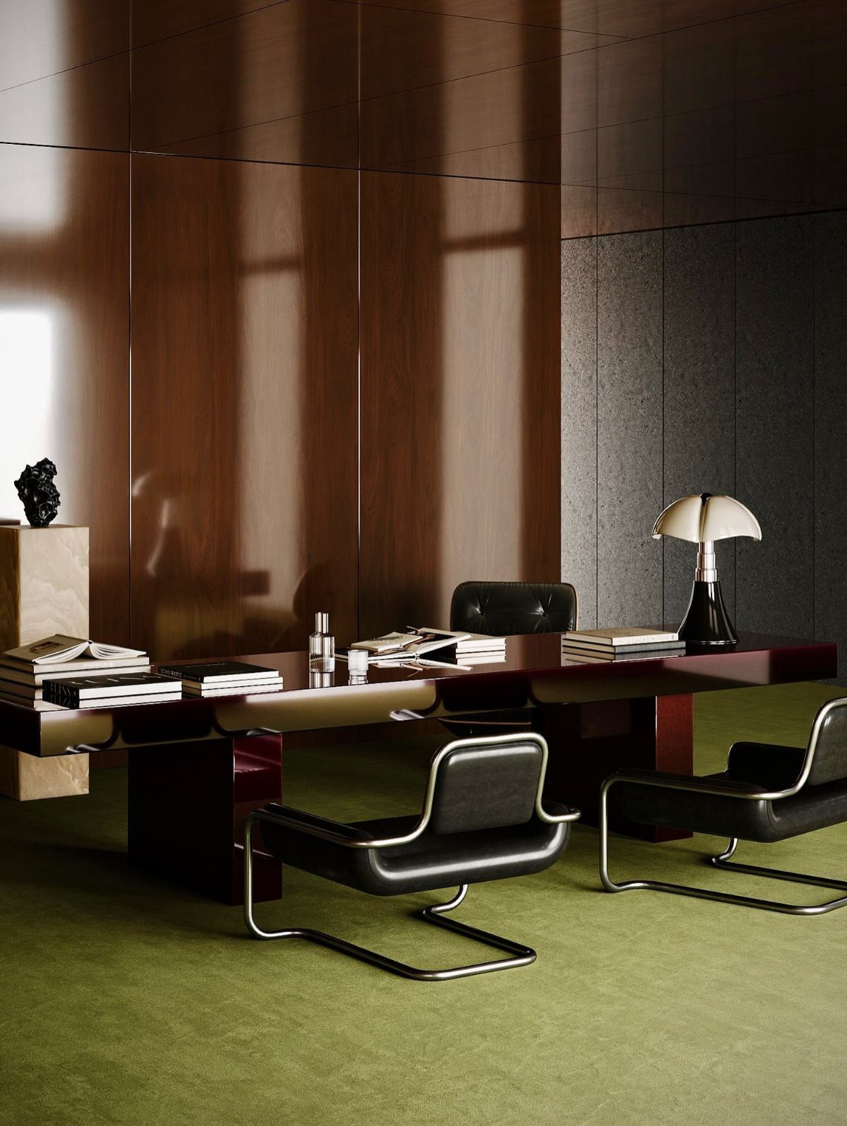 Mid-century modern office with leather chairs, wood paneling, and green carpeted flooring.