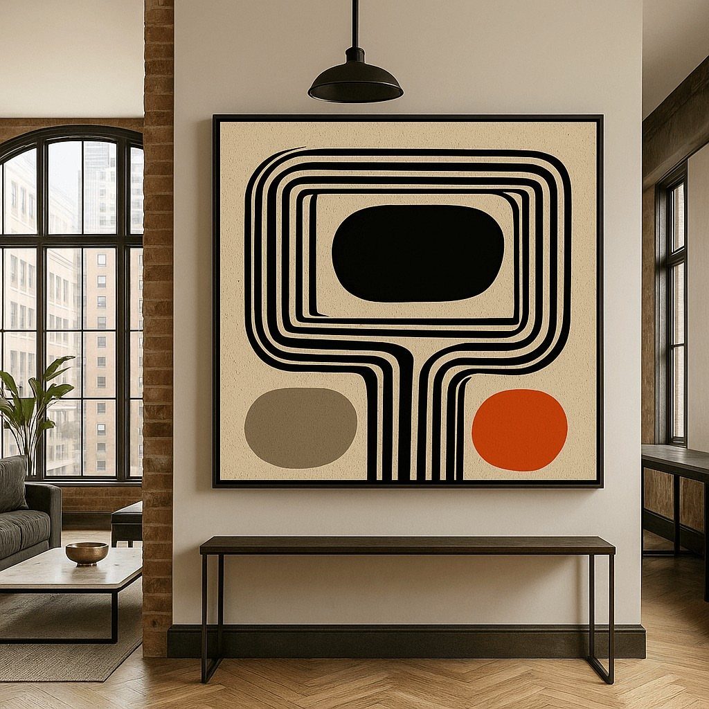 Large abstract geometric painting anchoring a modern room above a black console table.