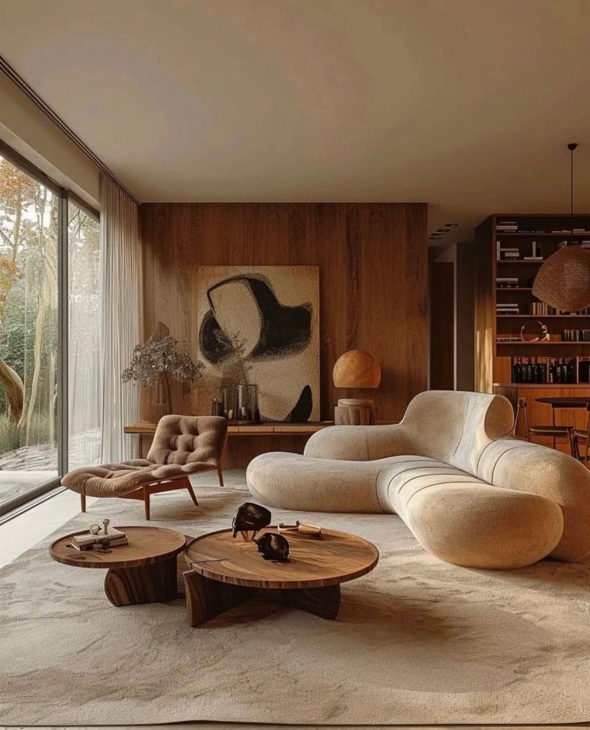 Curved beige modular sofa and circular wooden tables in a midcentury modern living room