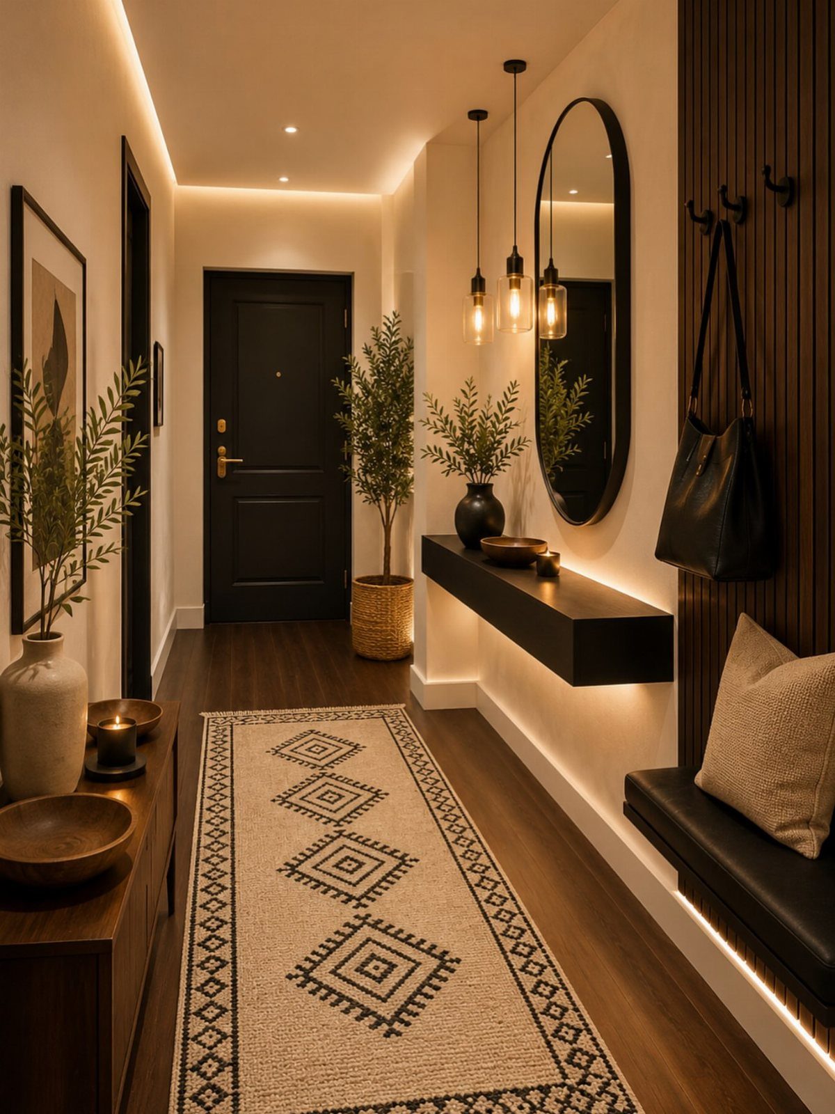 Modern hallway with black door, patterned runner rug, and indoor potted plants.