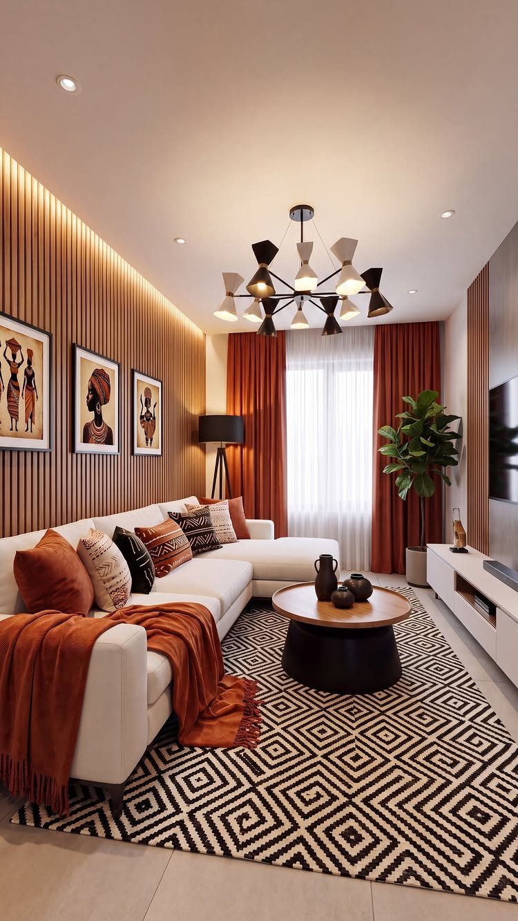 Modern living room with earthy orange tones, wood paneling, and geometric patterned rug.