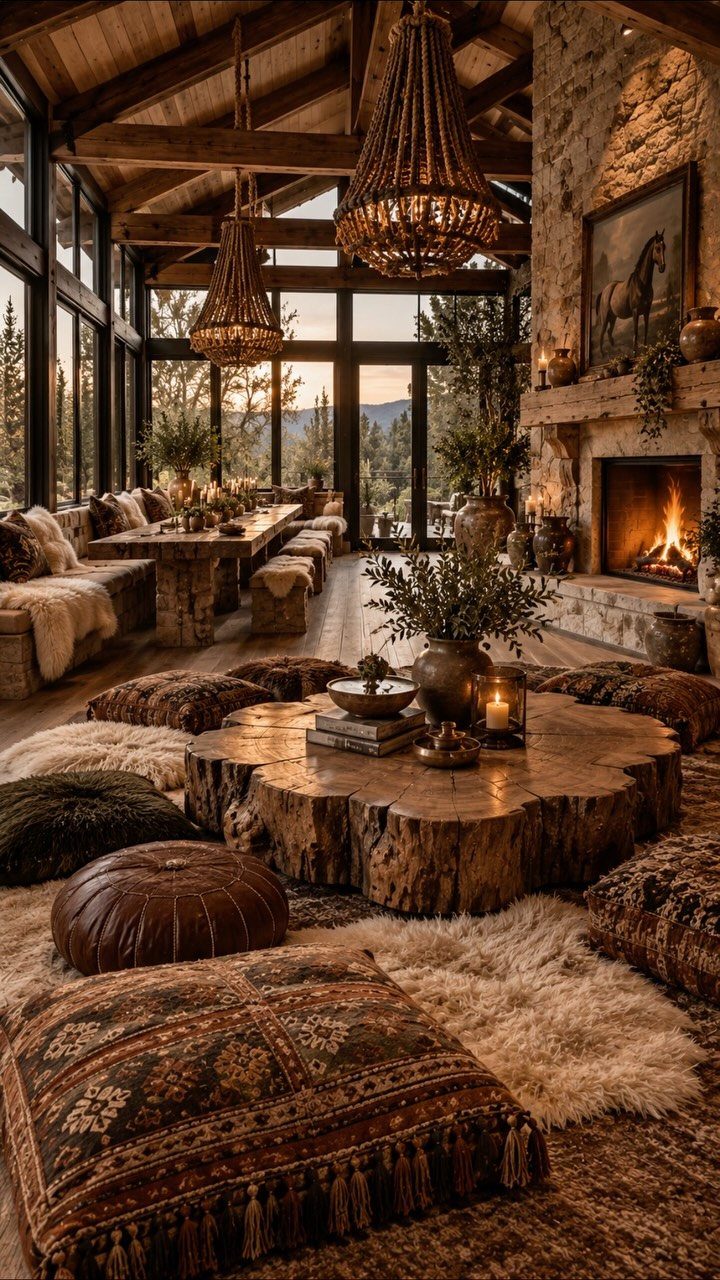 Stone fireplace with burning fire in a rustic barn with wooden beams.