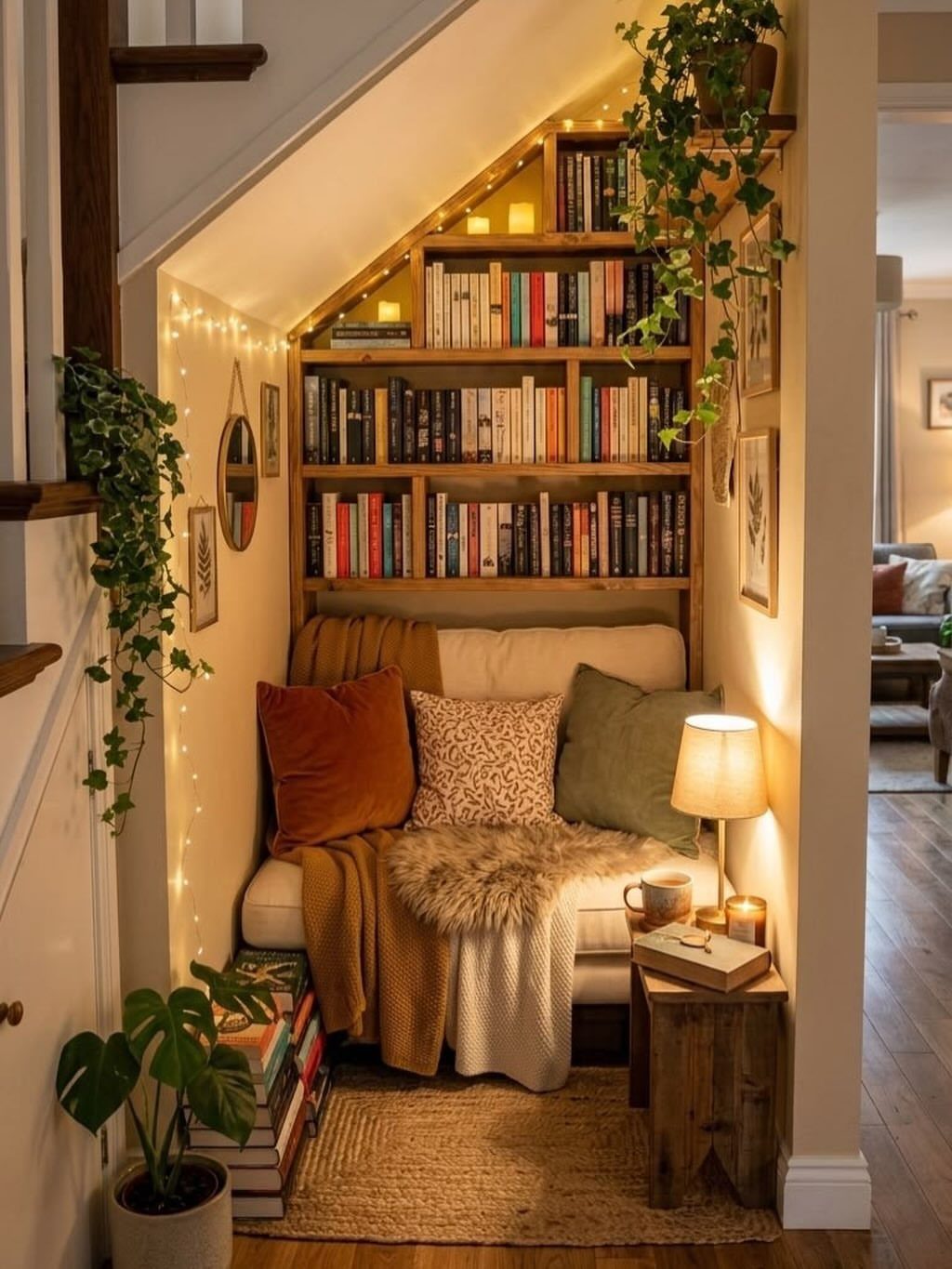 Cozy reading nook under stairs with bookshelves, warm lighting, and plush cushions.