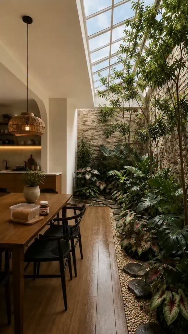 Dining area with wooden table beside an indoor garden under a glass ceiling.