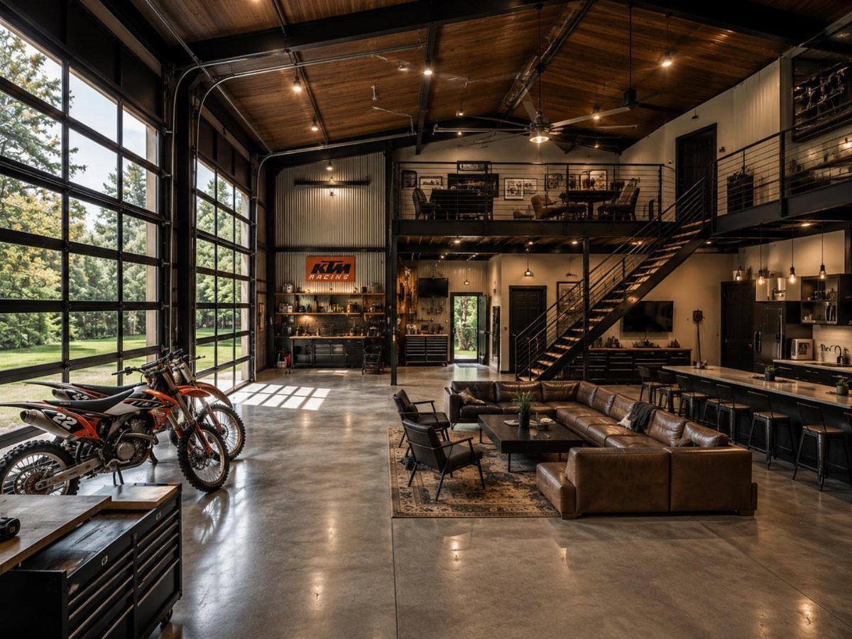 Modern barn interior combining a living room, kitchen, and garage with dirt bikes.