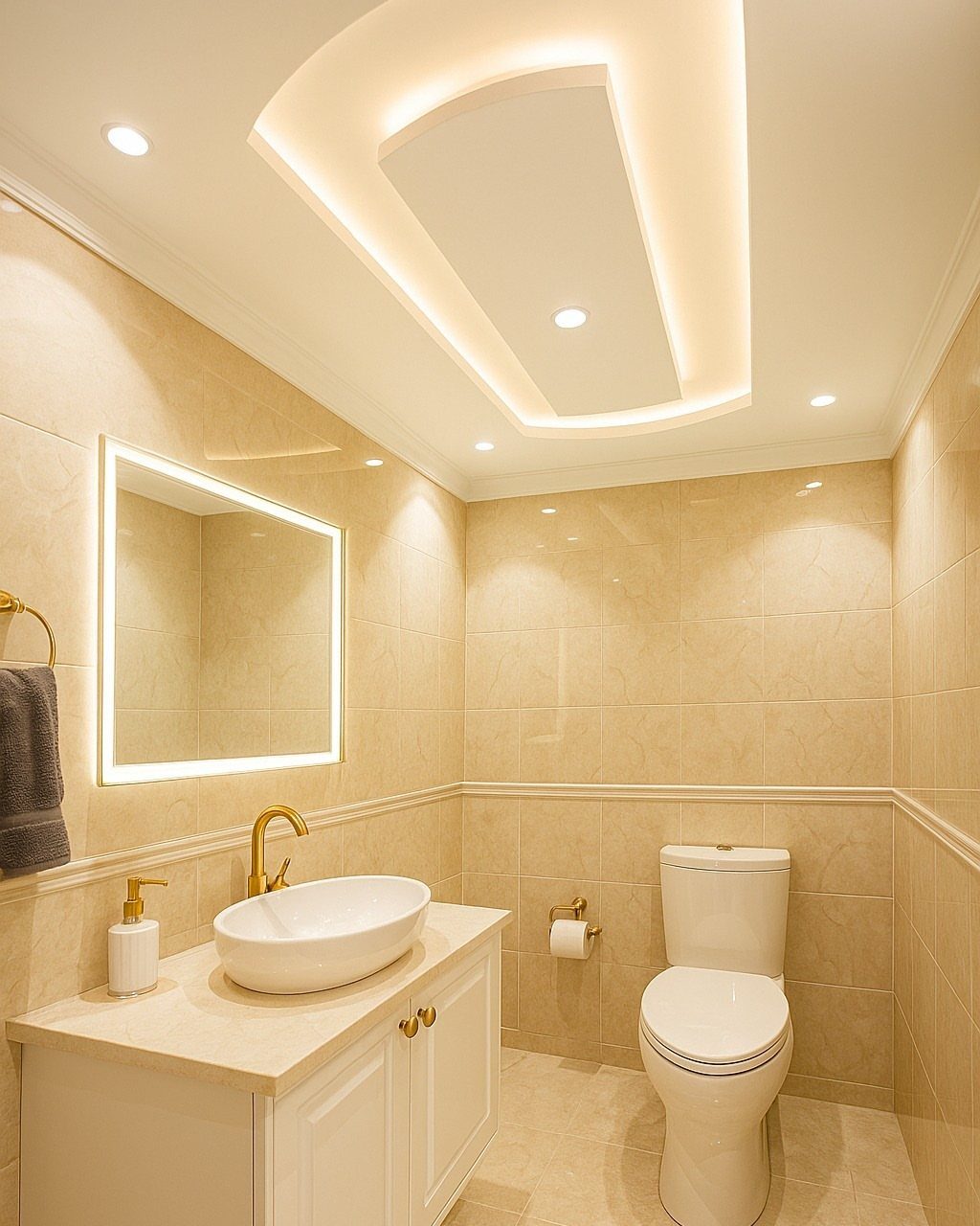 Bathroom with a white drop ceiling featuring curved recessed LED lighting and spotlights.