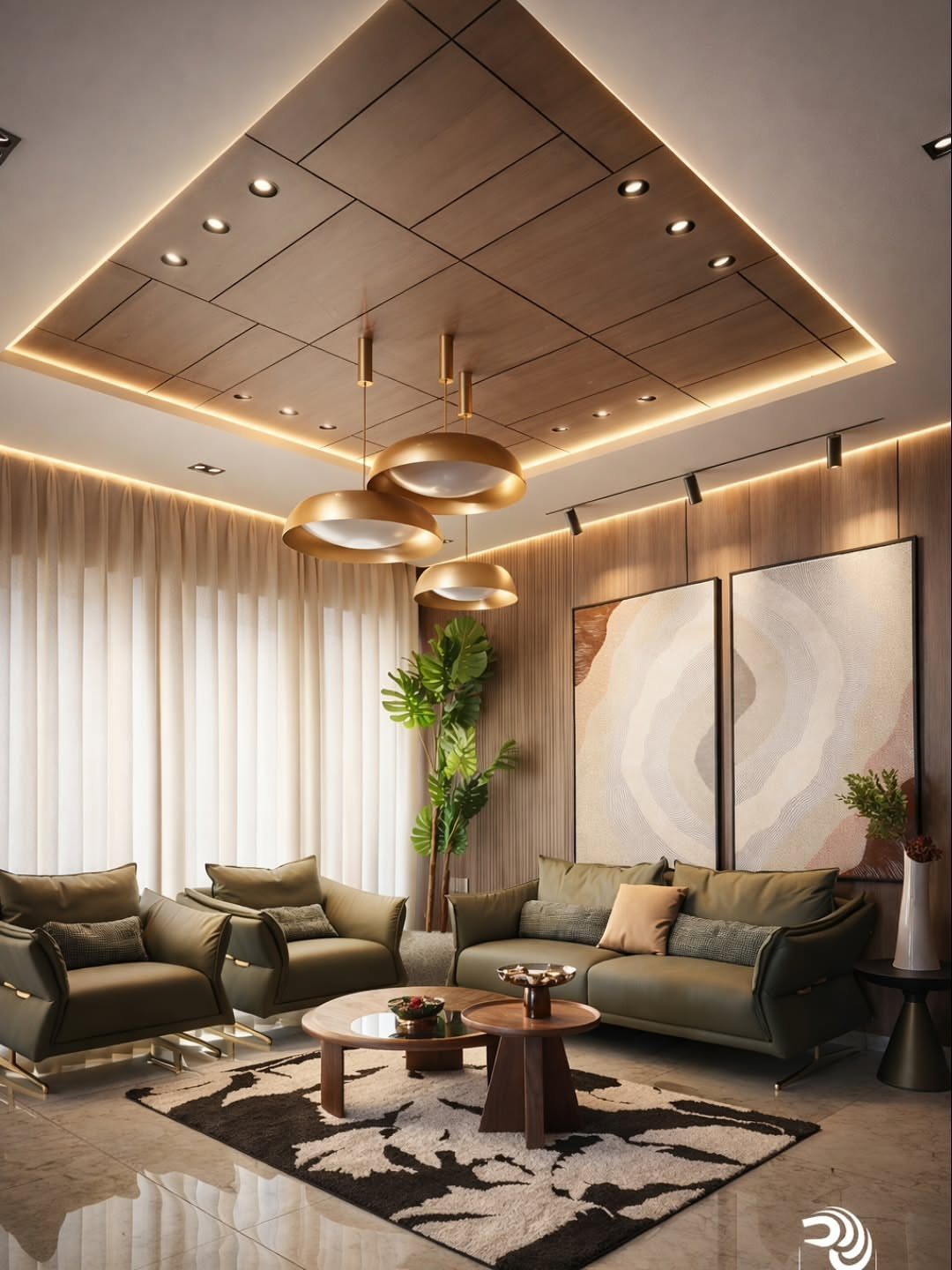 Modern living room with a recessed wooden drop ceiling and warm LED lighting.