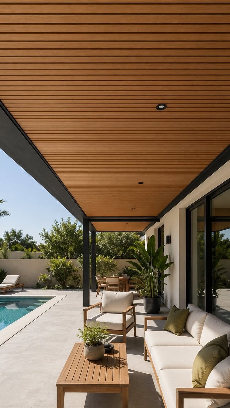 Slatted wood drop ceiling over a modern outdoor patio with white lounge furniture.
