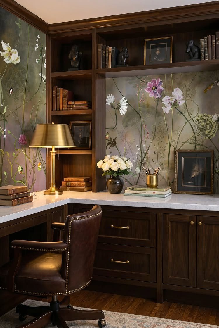Botanical floral wallpaper in a home office with dark wood shelving and desk.