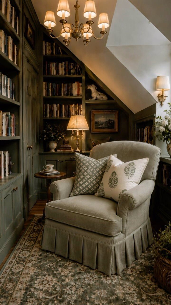Grey slipcovered armchair with pillows in a cozy nook with green bookshelves