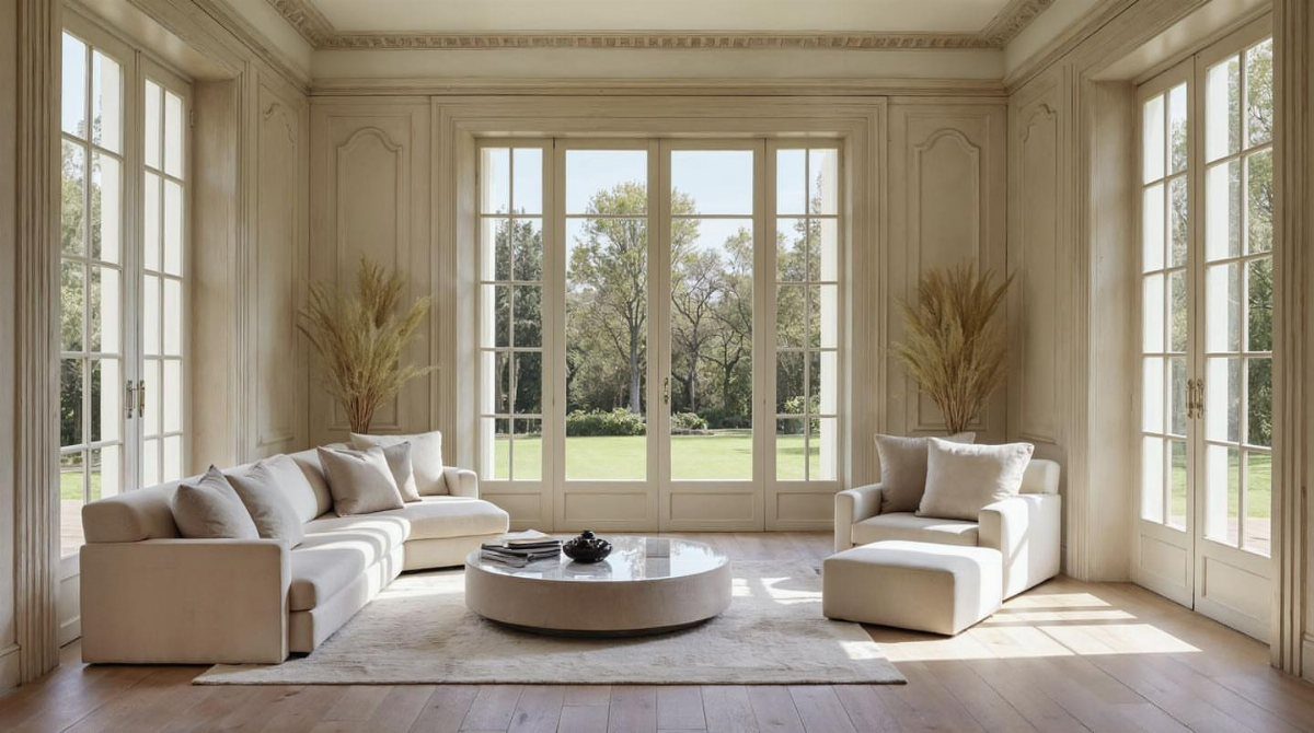 Bright living room with large white French doors opening to a green garden.
