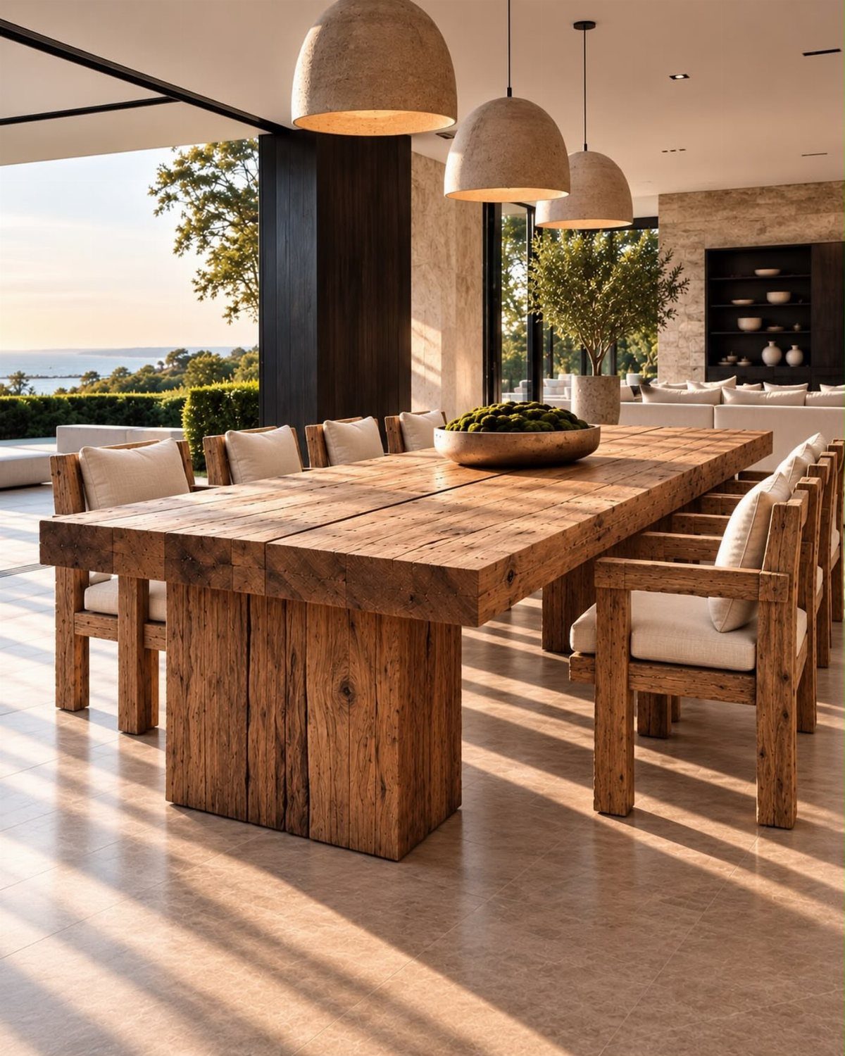 Rustic reclaimed wood dining table with matching chairs under large dome pendant lights.
