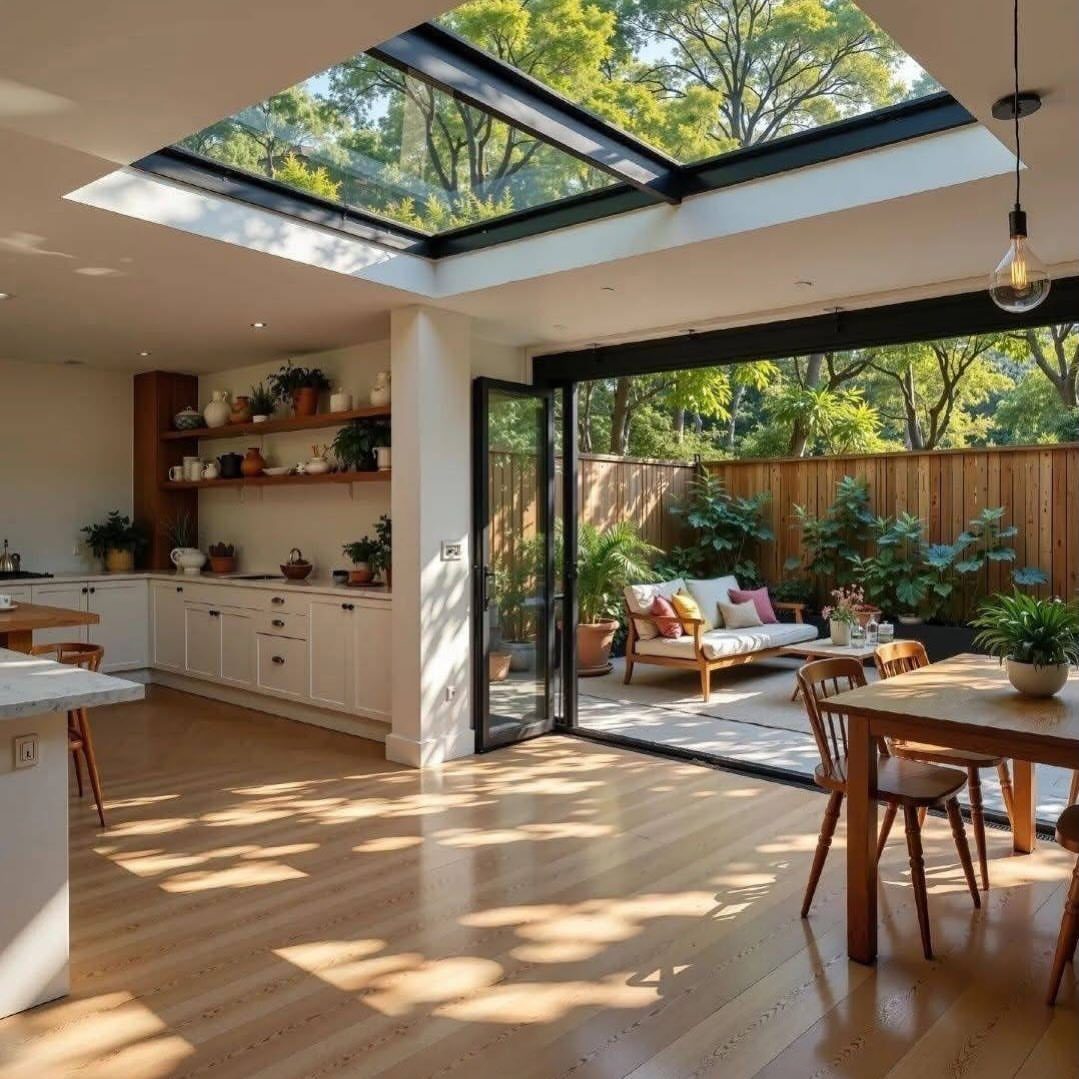 Large glass skylight and sliding doors in a bright modern farmhouse interior