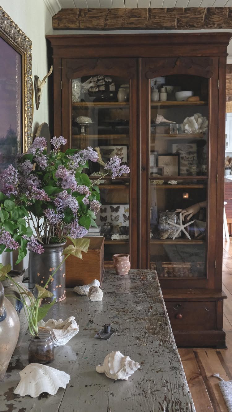 Vintage dark wood display cabinet and weathered table with seashells and purple lilacs