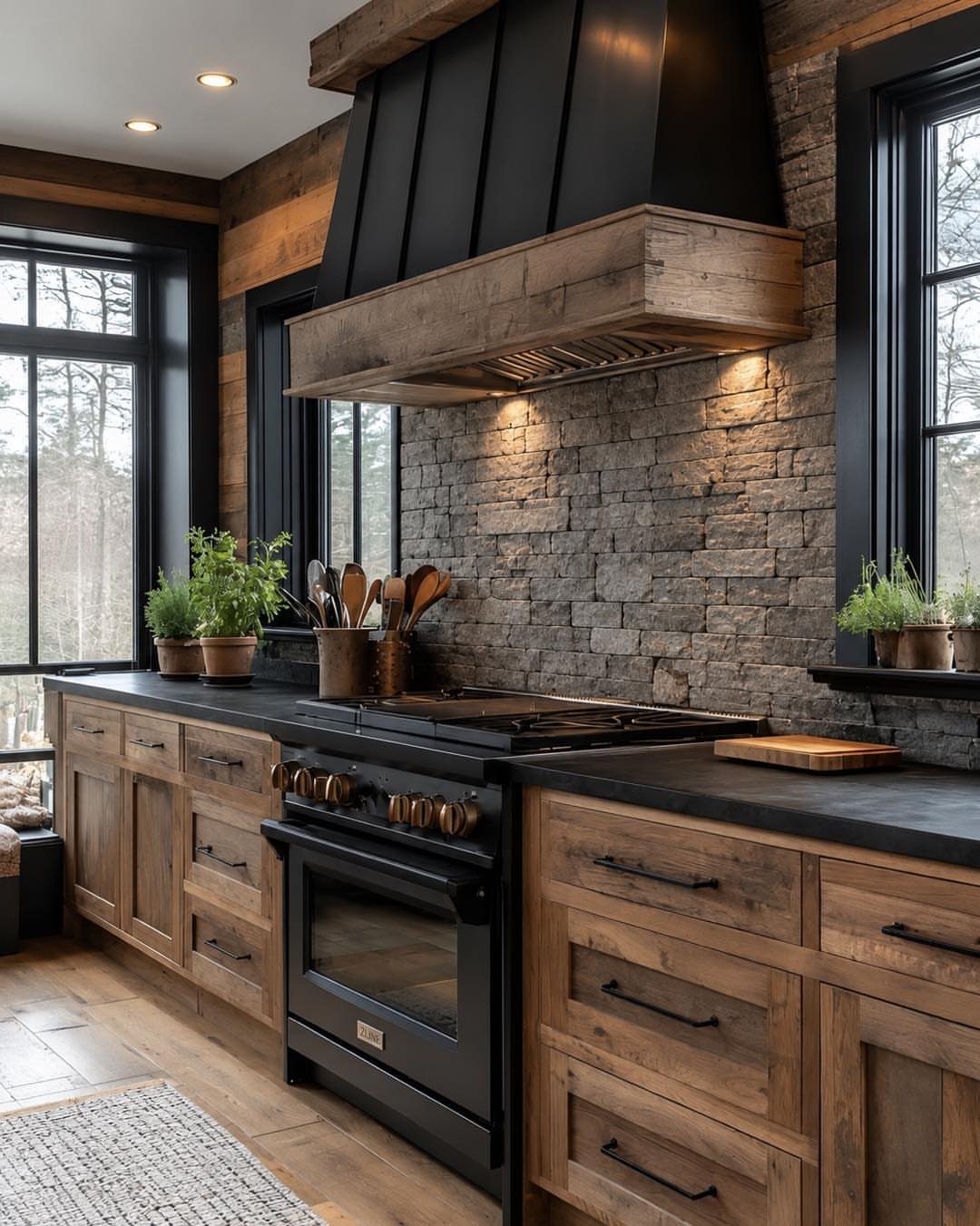 Rustic kitchen with wooden cabinets, black range hood, and grey stone backsplash.