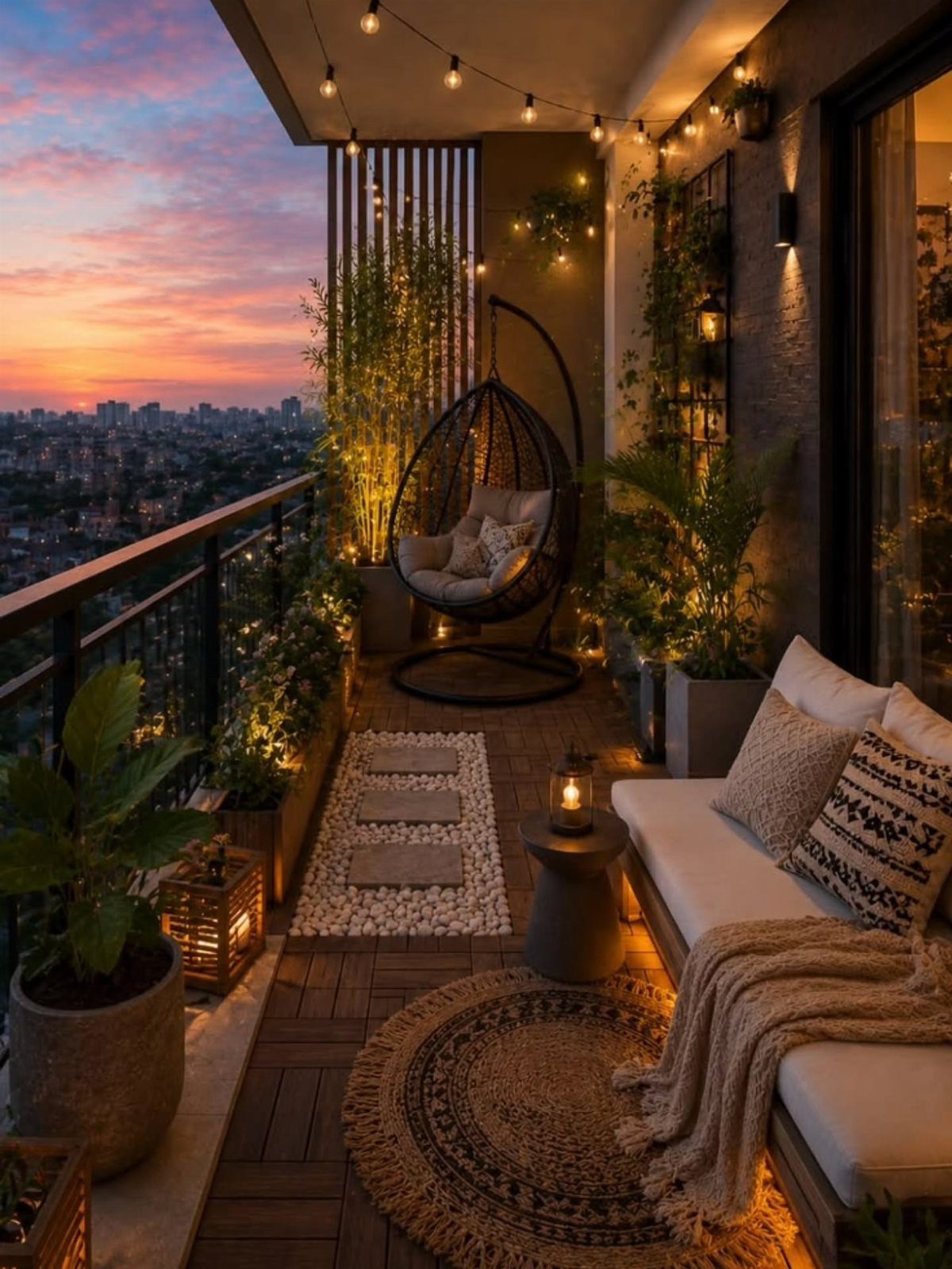 Cozy balcony seating area with a white sofa, hanging egg chair, and string lights.